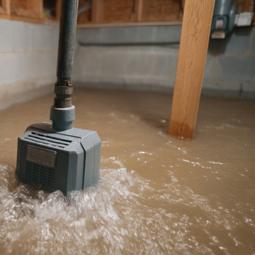 sump pump in a flooded basement
